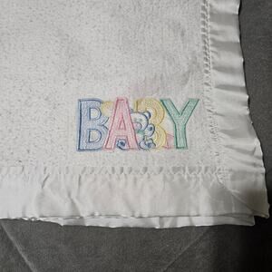 White Acrylic Satin Trim Blanket Baby Embroidered Bear Made in USA vintage